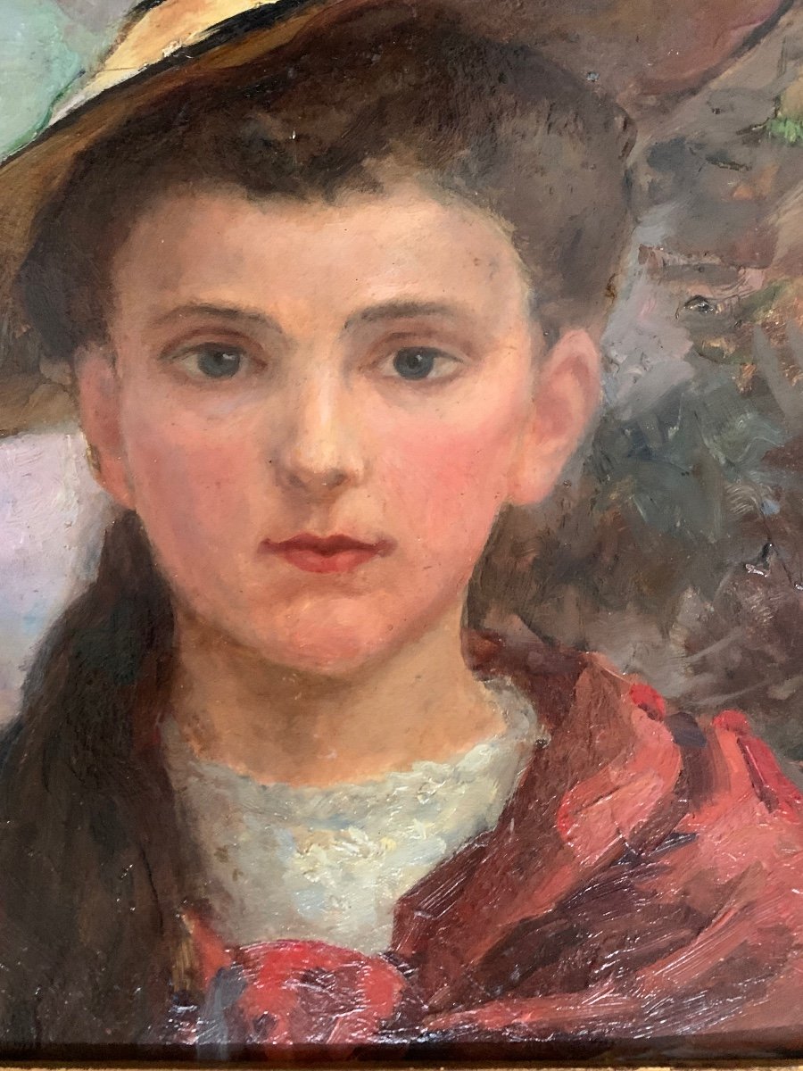 Portrait Of Young Girl In Hat Oil On Panel 1930-photo-3